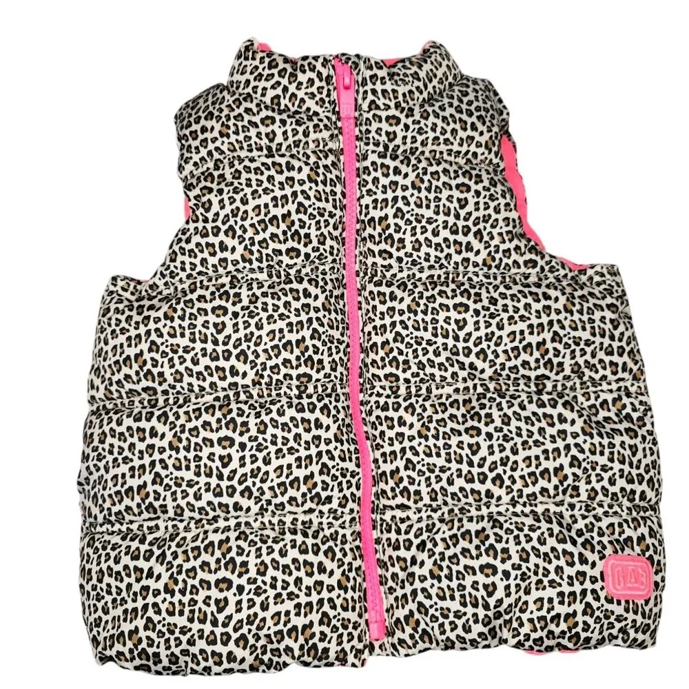 Gap Girls 3T Puffer Vest Leopard‎ Print Zip Closure Pink Liner Jacket